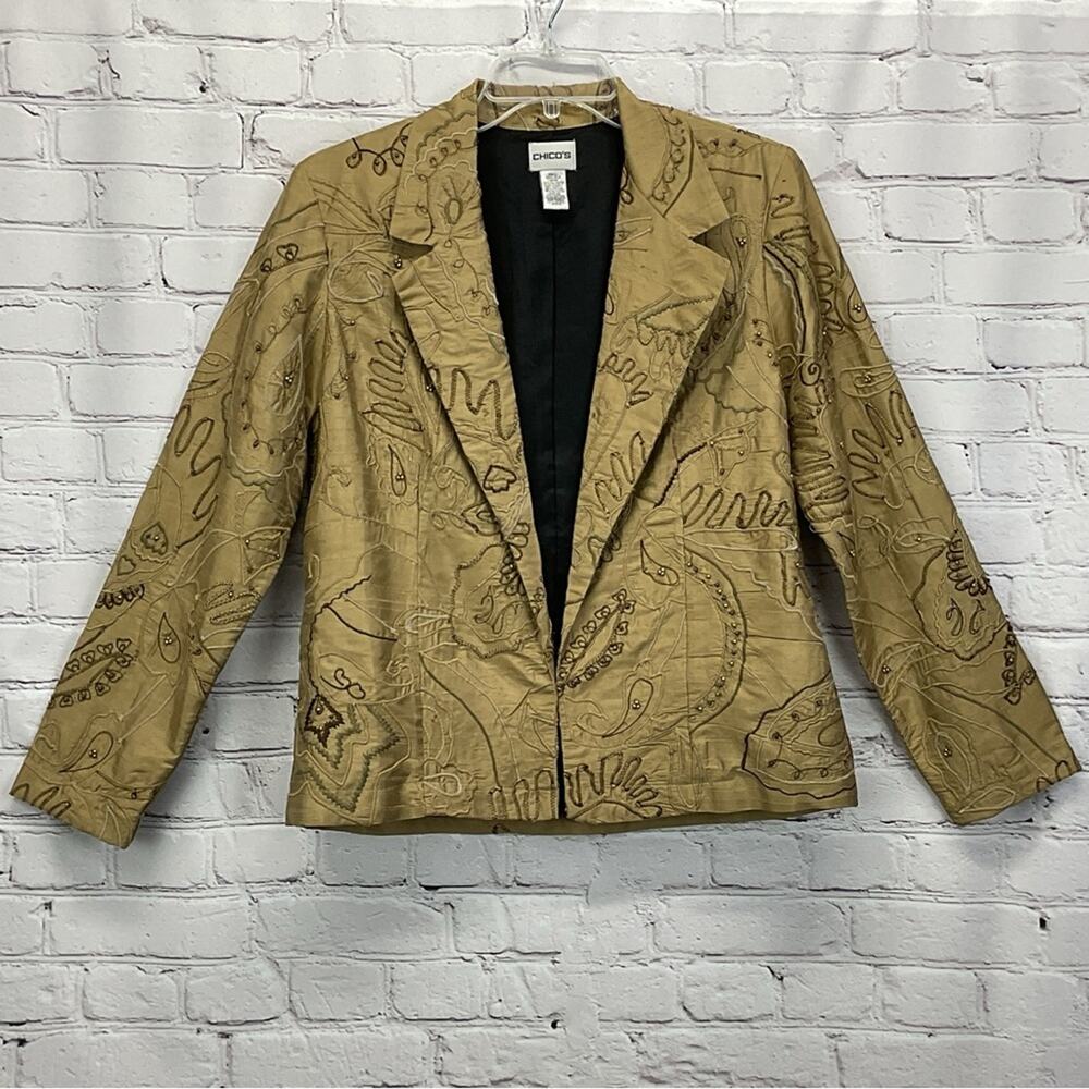 Chico's Blazer Women's Size 0 XS/4 Gold/Tan Silk Embroidered Embellished Career